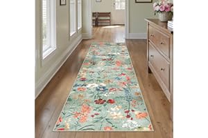 ‎HUGEAR HUGEAR Grün Waschbarer Läufer Teppich Flur 60x240cm Blumenmuster Bettvorleger Blumen Boho Modern Küchen Wohnzimmer Schlafzimmer Teppiche rutschfest Kurzflor Weich Flurläufer Teppichläufer