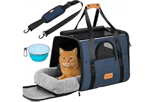 CADOCA® Sac de Transport pour Chat Chien Max. 20kg Bleu Pliable avec bandoulière Caisse de Transport Chat Respirant avec gamelle
