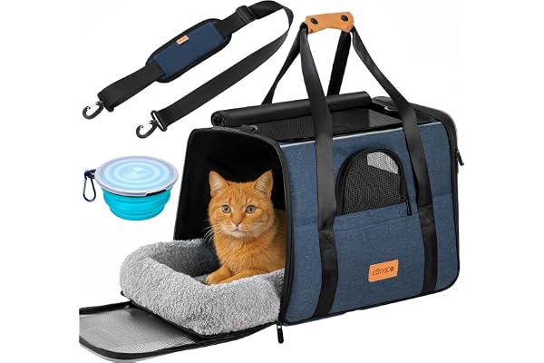 CADOCA® Sac de Transport pour Chat Chien Max. 20kg Bleu Pliable avec bandoulière Caisse de Transport Chat Respirant avec gamelle