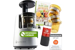 ‎NUTRILOVERS NUTRI-PRESS NO.1 Slow Juicer Profi Entsafter Testsieger Saftausbeute 3 Siebe Saft, Smoothie, Frucht-Eis Sehr leise, BPA-Frei - elektrische Saftpresse Obst Gemüse, Rezeptbuch, Flasche