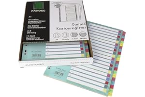 ‎PLASTOREG 6er Pack 20-teiliges DIN-A4 Register/Trennblätter mit Buchstaben A-Z, aus recyceltem Karton, in praktischer Spenderbox, verstärkte Lochung mit Deckblatt, Trenn-Blätter in 5 Farben