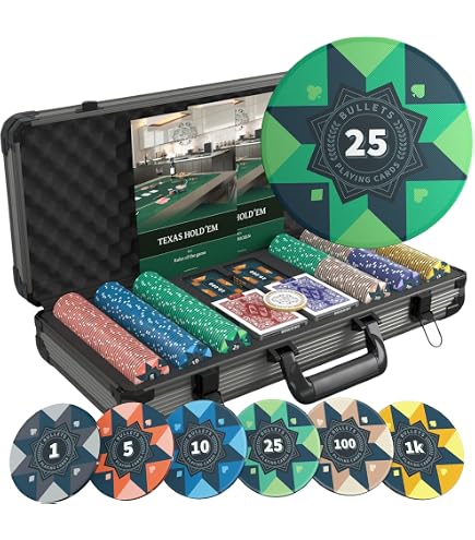Bullets Playing Cards | Mallette de Poker 300 Jetons Clay sans Noyau métallique 10g – Coffret Complet avec Cartes, dés et Bouton Dealer en céramique – Design Salvatore