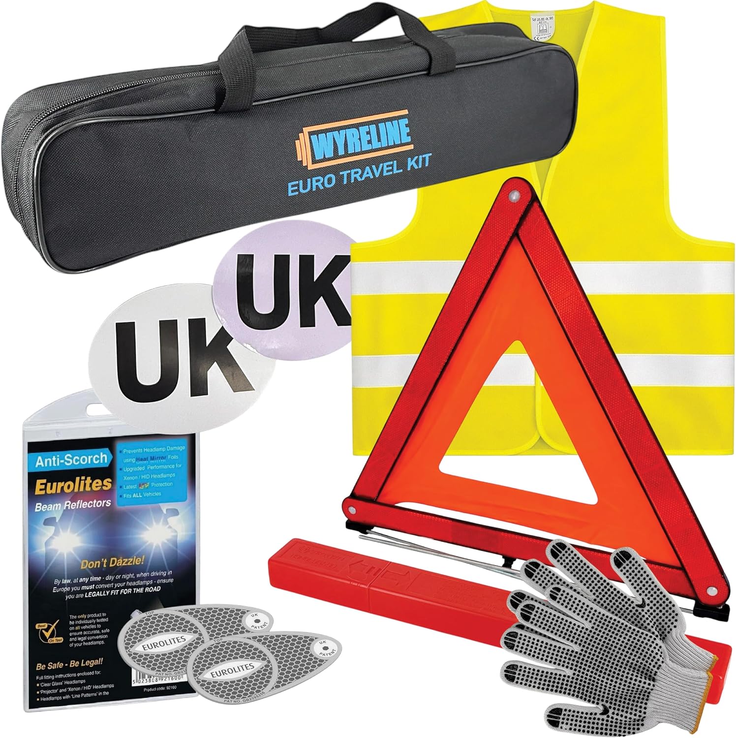 WYRELINE 6 Pcs European Driving Kit | Eurolites Headlight Deflectors For Europe | Warning Triangle, Hi-Vis Vest, UK Plate Magnet + Sticker, Rubber Grip Gloves | EU and France Driving Kit 2026