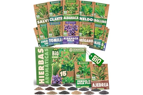 ZenGreens® - Set de semillas de hierbas bio - 15 variedades para cultivar fácilmente en el jardín, balcón o parterre elevado - Plantas aromáticas - Sementes verduras