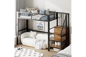 ‎MERAX Merax Hochbett aus Metall, 90 x 200 cm, mit Kleiderschrank, multifunktionales Hochbett für 1 Platz mit Treppe, Schwarz (Ohne Matratze)