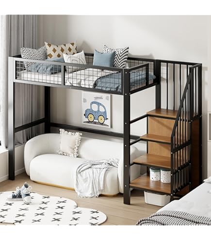 Witimisy Hochbett Mit Schreibtisch - 90x200cm Metallbett Mit Regalen