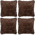 Adore 4 x Long Pile Soft & Cuddly Shaggy 17x17 (43x43cm) Faux Fur Cushion Cover, Chocolate