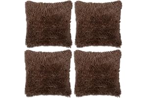 Adore 4 x Long Pile Soft & Cuddly Shaggy 17x17 (43x43cm) Faux Fur Cushion Cover, Chocolate