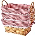 3PCS Rectangle Traditional Wicker Bread Basket with Handles Red Gingham Liner Kitchen Storage Basket Trade Countertop Basket Gift Basket