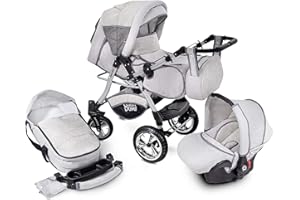 GaGaDumi Urbano 3 in 1 Kombikinderwagen Kinderwagen mit Autositz Komplettset incl Babyschale Buggy Wickeltasche Regenschutz Moskitonetz Hell Grau