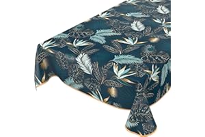 ANRO Mantel de hule lavable, redondo, ovalado, angular, para interiores y exteriores, hojas, dorado/azul, 120 x 140 cm, con dobladillo