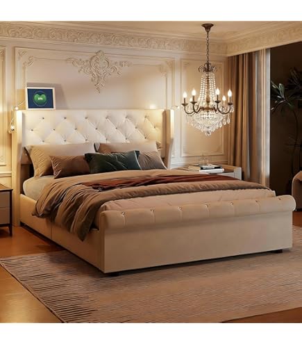 Gestoffeerd Bed 140x200cm Met USB, Tweepersoonsbed, Opbergbed Met LED Kunstleer Bedframe Wit