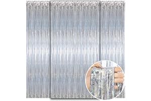 WD&CD Srebrne zasłony foliowe, 3 szt., 1 x 2 m, srebrne serpentyny, brokatowe frędzle, do dekoracji imprezowej, dekoracji urodzinowej, dekoracji ślubnej, dekoracji z okazji ukończenia szkoły, baby