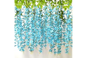 AIBAOBAO Artificial Flowers Wisteria 12PCS, Fake Flowers Vine Garland, Hanging Trailing Plants Bush String Flower for Wedding, Party, Ceremony, Home, Garden, Outdoor, Indoor Decoration (Blue)