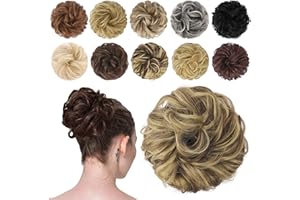 FESHFEN Moños Postizos Coleteros Pelo Mujer Postizos de Pelo Natural Rizado Ondulado Postizos Moño y Coletas Sintético Extensiones de Cabello, 42 g Castaño Ceniza y Rubio