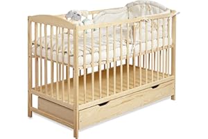 MOTO-MOLTICO Lettino Neonato in Legno 2in1 con Sponda regolabile e Cassetto - con 3 Sbarre Estraibili - con Barriera di Sicurezza - Trasformabile in Letto Bambini - 60x120 Marrone