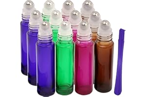 JAMHOODIRECT 12pcs, 10 ml vidrio botellas (con Roller – Aceite Esencial rollo en botellas recargables con abridor de tapa de acero inoxidable herramienta de palanca, ideal para aromaterapia