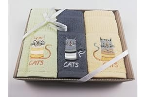 Sue Rossi Ltd 100% Turkish Cotton Tea Towels Embroidered Animal Cooks Cloth 3 Pack Kitchen Towel Gift Box Set Set (Cats)
