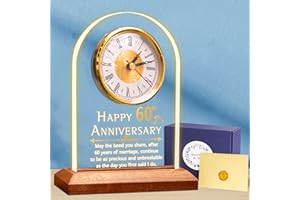 LIGHTZZ 60th Wedding Anniversary Gifts, Light Up Anniversary Quartz Clock with LED Wooden Base, Diamond Wedding Anniversary Gifts for Couple, Parents, Grandparents, Soft Warm White Lighting