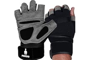 FEEDO Gym Gloves with Wrist Support Weight Lifting Gloves for Men Weightlifting Training Finger less Half Padded Extra Crossfit Grip Palm Protection Exercise Fitness Workout Gloves Cycling Pull Ups Women