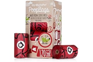 MY ALPHAPET Compostable Dog Poop Bags, Cornstarch Eco-Friendly, Home Compost NF T 51-800, 120 Count, Large Size Bag 9x13 Inches, 8 Unscented Refill Rolls, Leak-Proof, Plantbased, GM-Free Corn