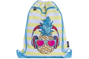 Fringoo - Kids Drawstring Bag - Front Zipped Pocket - Large Capacity Drawstring Bag - PE Bag - School - Gym - Swim - Cool Pineapple Design