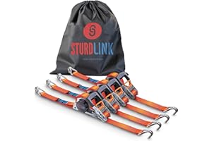 Sangles a Cliquet Automatique 35mm 5m Crochets J Acier LC 1000kg/2000kg en U | Enrouleur de Sangle Automatique | Idéal Fixation Remorque Porte Moto Quad Auto | Lot de 4 + Sac | EN 12195-2 | Sturdlink®