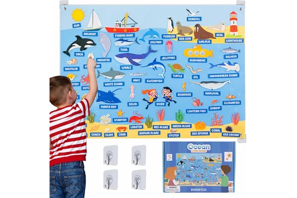 BONNYCO Panneau Feutrine avec 107 Figurines d'animaux Marins. Jouet Montessori et Cadeau Anniversaire Enfant de 3 à 8 Ans. Tableau Sensoriel pour l’Autisme, Jeux Éducatif Nöel