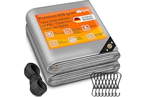 tillvex® Lona con Ojales + 10 Ganchos y Cuerda de 15 m, Lona de 650 g/m² Exterior, Impermeable y al desgarro, Lona de PVC Universal para Camiones, Piscinas, Muebles de jardín, Cubierta Cubierta