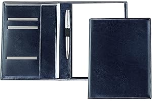 ‎DELMON VARONE - FINE LEATHERGOODS MADE IN GERMANY DELMON VARONE - Premium Schreibmappe inkl. Notizblock DIN A5 (50 Blatt) aus veganem Eco Kunstleder Blau - Organizer Konferenzmappe mit Stifthalter & Einsteckfach - Business Besprechungsmappe