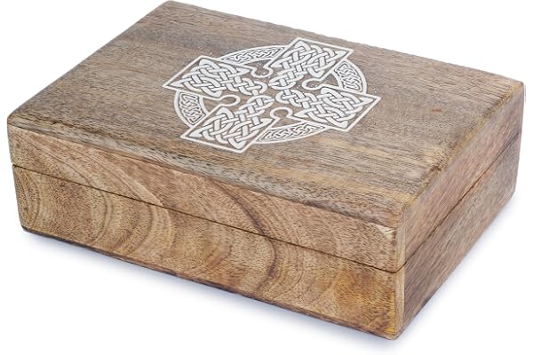 Ajuny Boîte à Bijoux en Bois Fait Main 20 x 13 cm – Coffret Décoratif Croix Celtique Sculptée, Coffre au Trésor Vintage pour Rangement de Souvenirs, Organisateur Cadeau pour Chambre et Salon