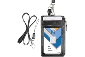 Wisdompro Porta Badge Pelle, Porta Badge da Collo con Cerniera con 50 cm Portachiavi Collo, 1 Finestra Trasparente, 4 Slot per Schede, Gancio Girevole Portachiavi, Nero (Verticale)