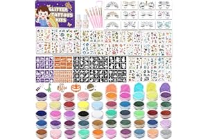 TEUVO 50 Colores Tatuajes Purpurina para Niñas con 128Stencils, 12 Joyas Faciales, 5 Pinceles, 300+ Patrones de Tatuajes Estilos Mixtos, Tatuajes Temporales para Halloween Navidad Cumpleaños