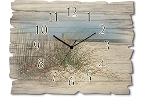 ‎ARTLAND ARTLAND Wanduhr ohne Tickgeräusche aus Holz Funkuhr 40x30 cm Rechteckig Lautlos Strand Meer Düne Gräser Landschaft Maritim T5MA