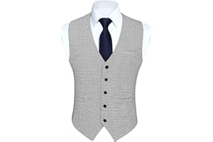 HISDERN Gilet da Abito da Uomo a Quadri Classico Elegante Panciotto Uomo in Cotone Formale Casual Scozzese Senza Maniche da Matrimonio con Tasche