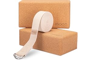 CARDILL Moon Products Yoga Block 2er Set mit Yoga Gurt, Made in Portugal [100% Natur Kork], Fitness Zubehör für Pilates, Dehnungen, Sport, Meditation, Regeneration, Faszien Set, Rücken Training