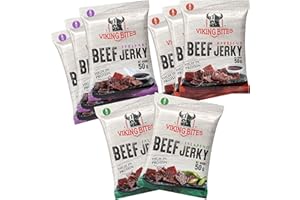Viking Bites Beef Jerky, envase mixto de 400 g (8 x 50 g) - 3x Barbacoa, 3x Teriyaki, 2x Jalapeño - Cecina de ternera - Aperitivo de carne - Con un alto contenido de proteínas