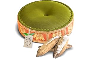 livasia meditation cushion with Thai silk - Ø 18x6″ - Yoga cushion kapok, Pouffe, Floor cushion yoga Zen meditation, Seat cushion garden balcony, Zafu (Green/Orange/Elephants, Silk)