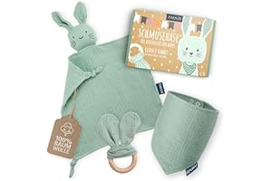 Amari Doudou (lapin turquoise) avec anneau de dentition et bavoir, cadeau pour nouveau-né et bébé