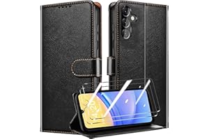 QHOHQ Tenphone Coque pour Samsung Galaxy A15 4G/5G + 2 Pièces Verre Trempé, [RFID Blocage], Etui Protection Housse Premium en Cuir PU, [Fentes pour Cartes] Bouton Magnétique Flip Case (Classique)-Noir