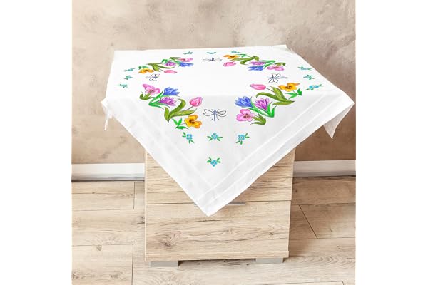 KAMACA Ensemble de broderie de pelouse florale, nappe pré-imprimée 14 couleurs, instructions détaillées (pelouse florale MD 80x80 cm)