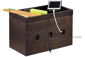 Relaxdays 10024671 Boîte Bambou, Compact, Universel, Pratique, Organisation câbles Bureau, HxLxP 16,5x25,5x14cm, Marron, Brun foncé, One size