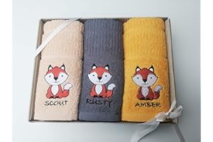 Sue Rossi Ltd 100% Turkish Cotton Tea Towels Embroidered Animal Cooks Cloth 3 Pack Kitchen Towel Gift Box Set Set (Fox)