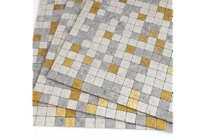 VAOVI Klebefliesen Küche Metall Mosaikfliesen Selbstklebend, Fliesenaufkleber Kleine Quadrate(Grau Gold,5 Stück)