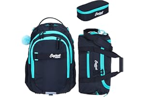 Elephant 3 Teile Set Schulrucksack Jungen Mädchen Signature Hero 2 Schultasche Laptopfach Rucksack + Sporttasche + Mäppchen Box (Tiff Türkis 13015 (Schwarz Türkis))