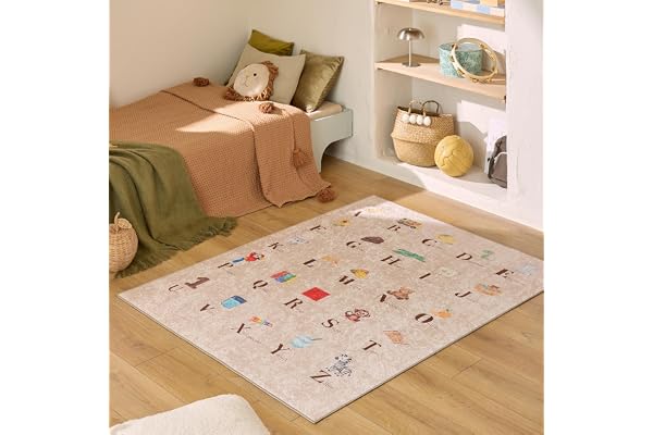 Nazar Tapis Chambre Enfant, Tapis Bébé, Tapis Enfant pour Fille et garçon à Motifs Dinosaure, Carte du Monde et Animaux (736 Beige, 80x150 cm)