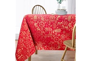 Viste tu hogar Mantel Navidad Hilo Dorado, Especial para Decoración Navideña y Cenas Familiares, etc, Diseño Moderno y Elegante, Fabricado en España, Rojo Navidad, 140x300cm