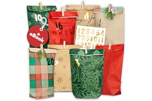 AMARI ® Calendrier de l'Avent à remplir n° 19 Matin de Noël – 24 sacs de l'Avent en papier (avec pinces en bois) pour bricolage de Noël – Sacs en papier de Noël