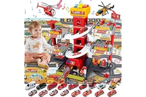 BuzzoXerex 5 Plantas Garaje Coches para Niños, Parking Molto con 14 Coches y 2 Helicóptero, Parking Juguete con Pista de Coches y Ascensor, Educativos Regalos para Niños 5 6 7 8 9 Años (Rojo)