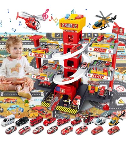 Garage Multiniveau CELMAN – Parking Jouet Avec Ascenseur, 8 Voitures Métal, Hélicoptère